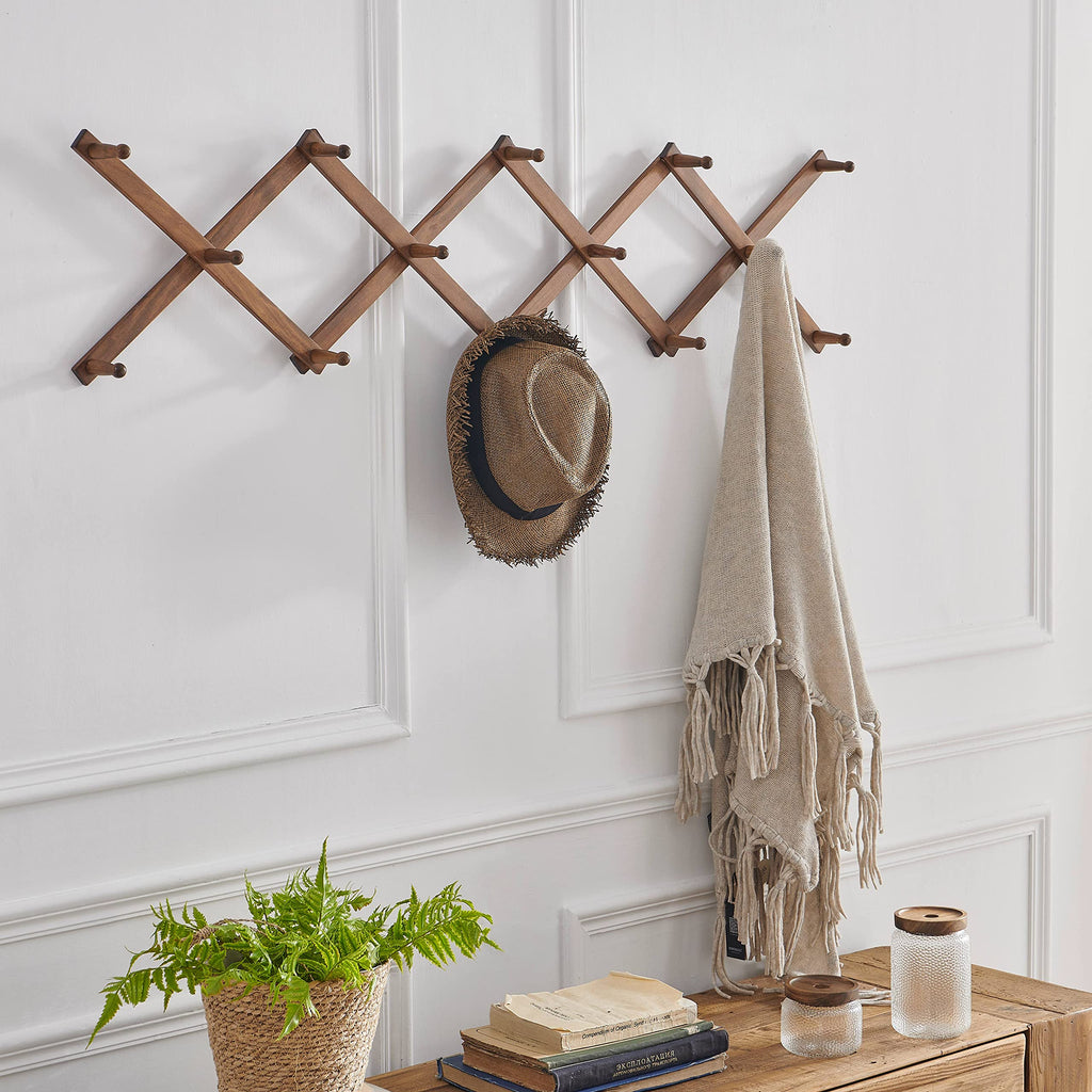 SKOLOO Hat Rack for Wall with 14 Hooks, Pack of 2, Solid Wooden, Modern, Expandable Coat Rack Wall Mount for Coats, Hats, Bags, Baseball Caps, Walnut Color