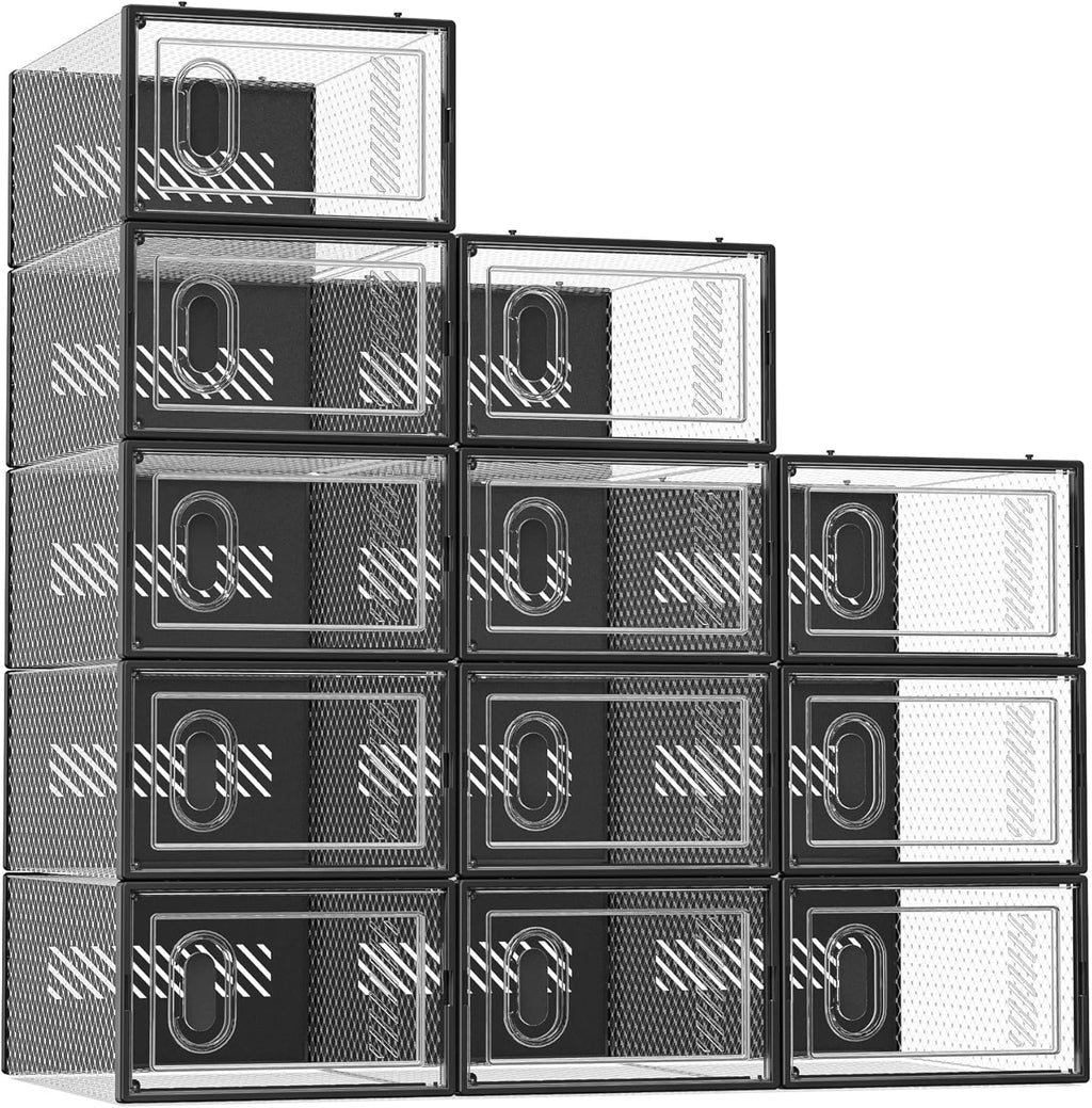 SIMPDIY Shoe Organizer - 12 Pack Clear Plastic Stackable Shoe Storage Containers | Size 10, Black