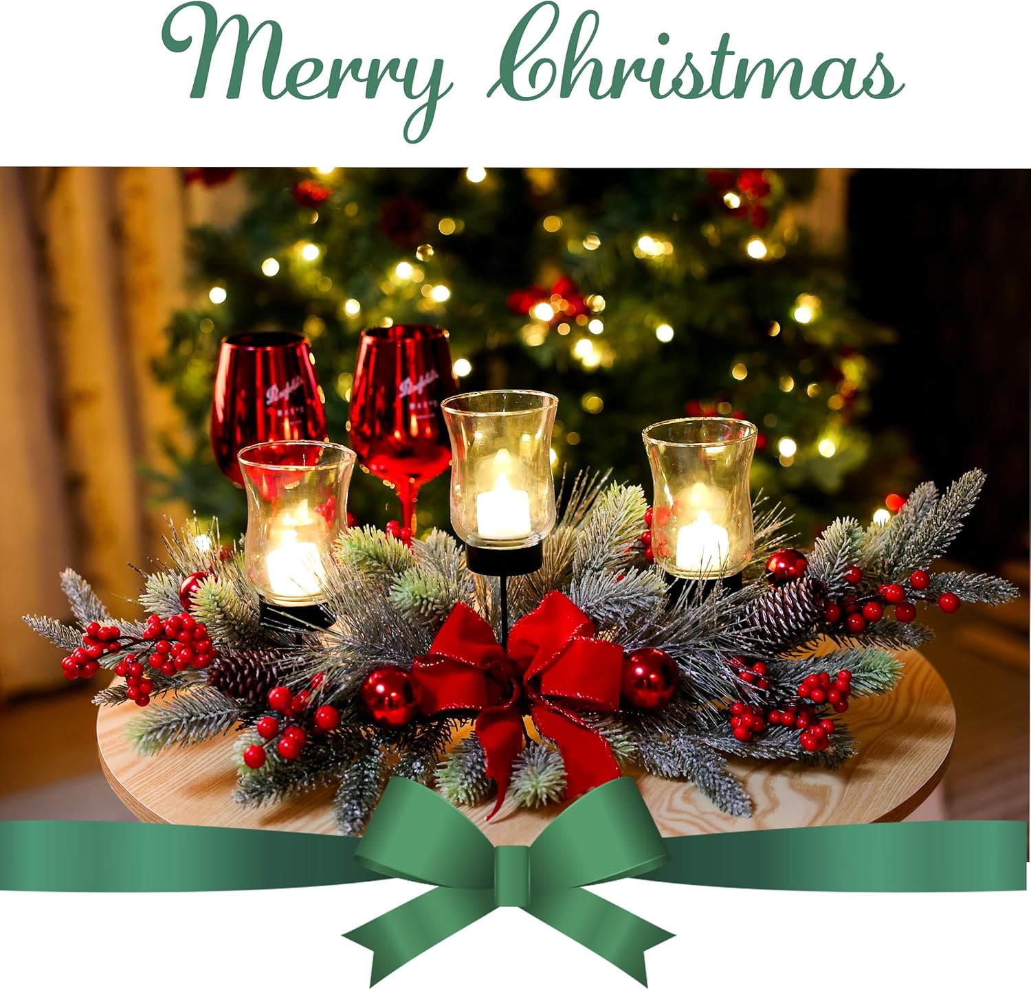Regine Switzerland Red Christmas Table Centerpiece - Cedar Decoration with 3 Candlestick Glass Cups & Red Berries for Holiday Parties