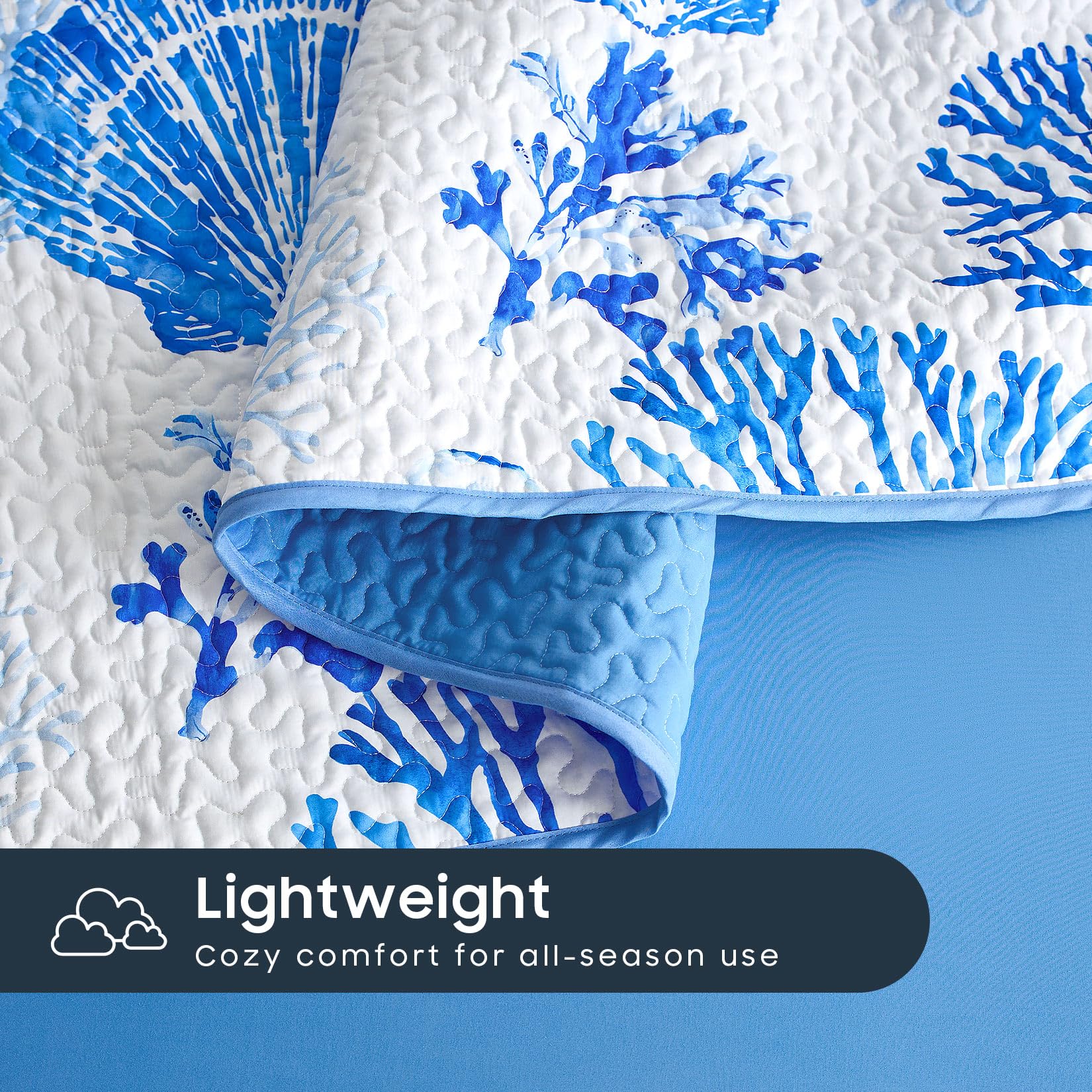 Wake In Cloud - Coastal Quilt Set, Nautical Ocean Beach Themed Tropical Summer Patterned, Reversible Lightweight Bedspread Coverlet, 3 Pieces, Blue White, King Size