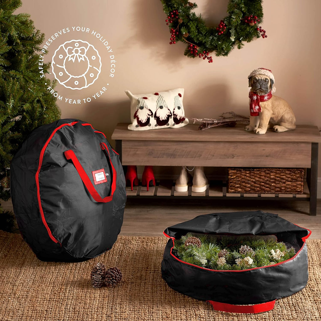 ZOBER Oxford Christmas Wreath Storage Container - 24 Inch Waterproof Bag with Dual Zippers & Durable Handles - Black