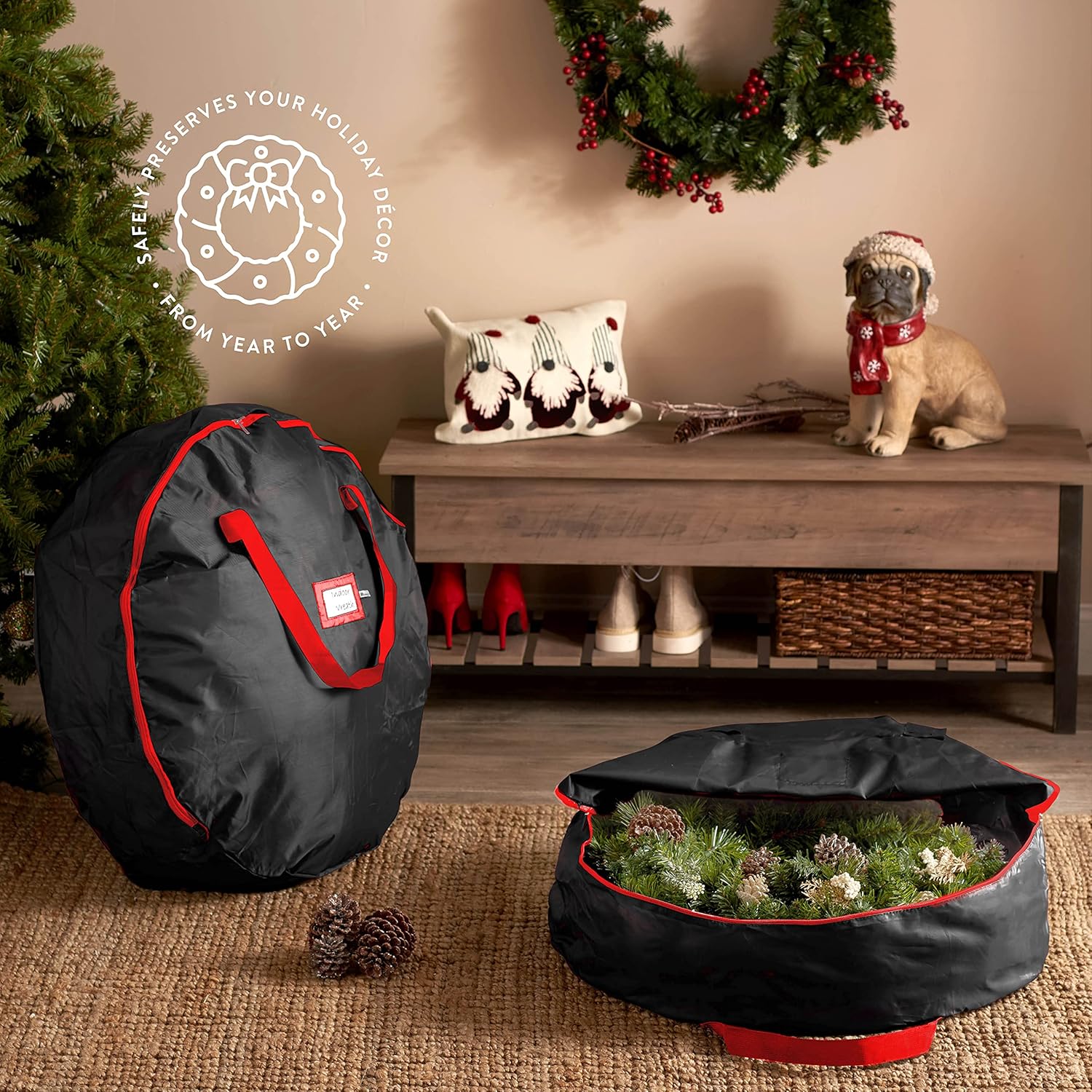 ZOBER Oxford Christmas Wreath Storage Container - 24 Inch Waterproof Bag with Dual Zippers & Durable Handles - Black