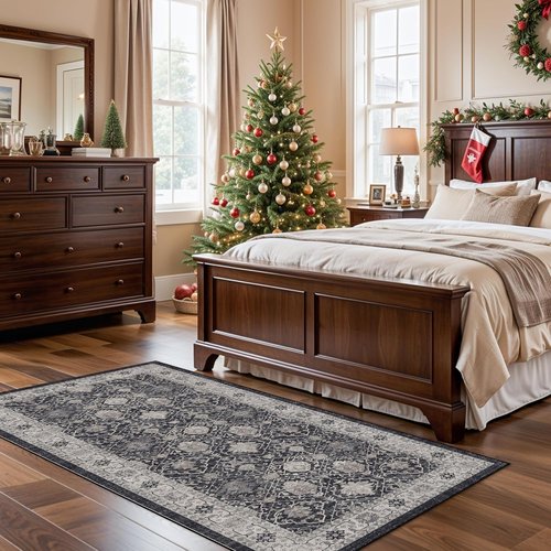 Hallway Washable Runner Rug - Vintage Non-Slip Soft Floor Mat for Kitchen & Entryway | 3x6 Black
