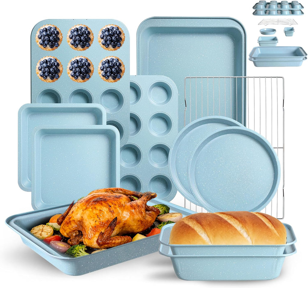 Professional Grade Nonstick Baking Pans Set by [Brand Name] - 11-Piece Carbon Steel Bakeware, Dishwasher Safe & Oven Safe to 450°F | Slight Blue