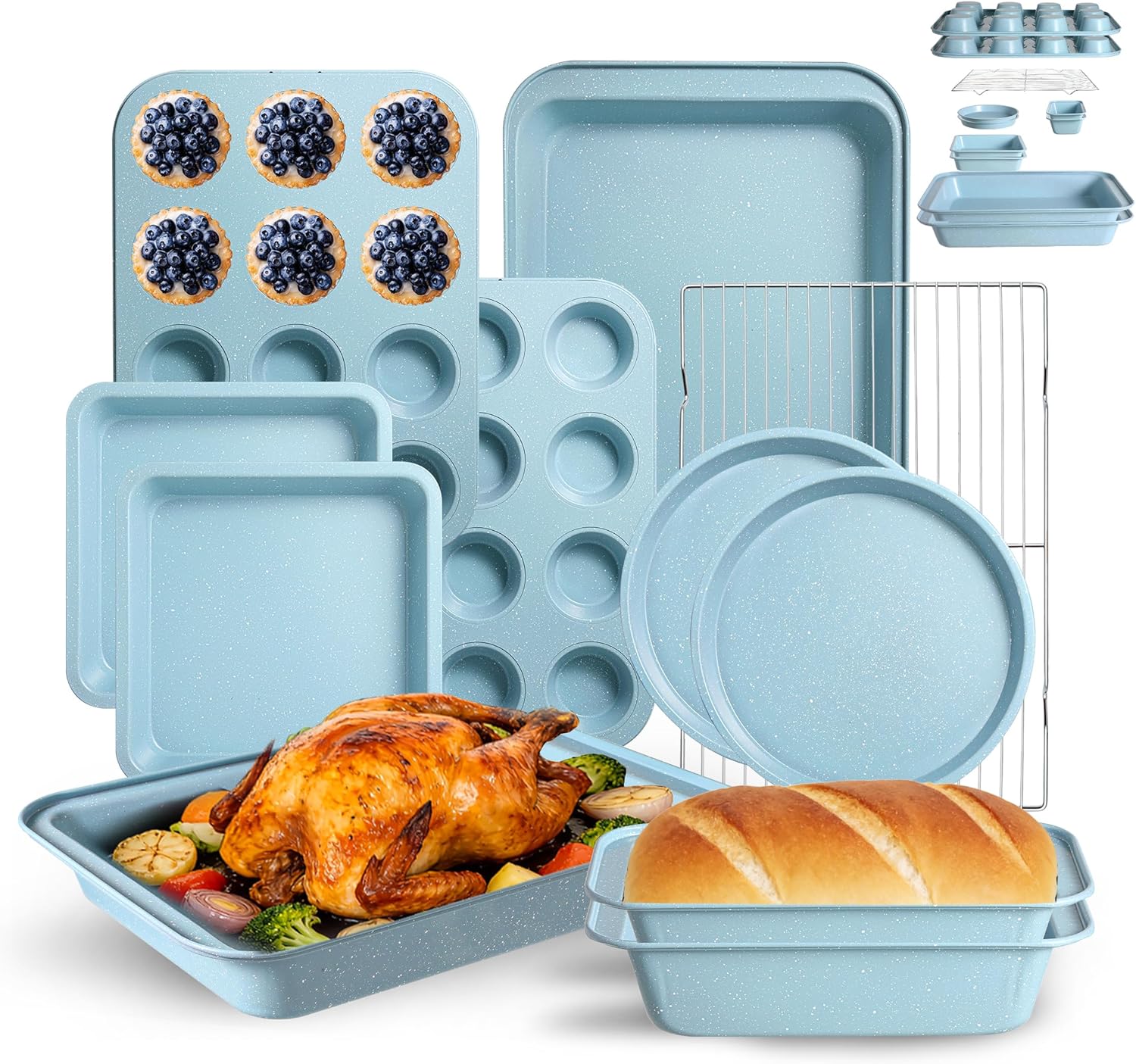 Professional Grade Nonstick Baking Pans Set by [Brand Name] - 11-Piece Carbon Steel Bakeware, Dishwasher Safe & Oven Safe to 450°F | Slight Blue