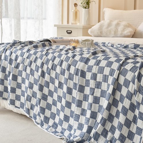 Ultra Soft Cozy 6-Layer Checkered Muslin Blankets for Adults 100% Cotton King Size 90"x104" Bed Blanket Breathable Lightweight Suitable for All Seasons Both Sides Blue
