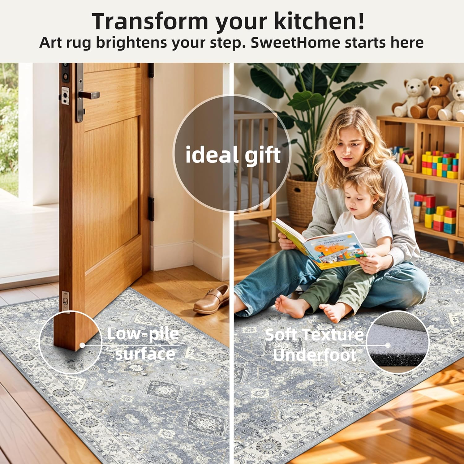 Skiennix 3x6 Vintage Washable Runner Rug - Non-Slip Soft Carpet for Kitchen & Entryway | Grey