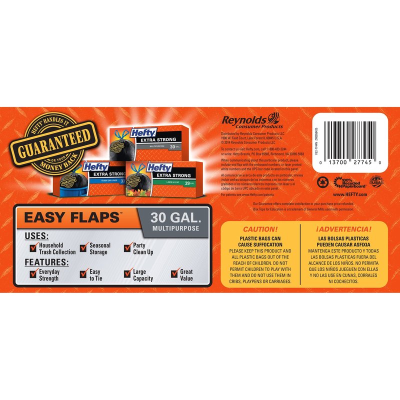 Hefty Easy Flaps Multipurpose Large Trash Bags, Unscented, 30 Gallon, 40 Count