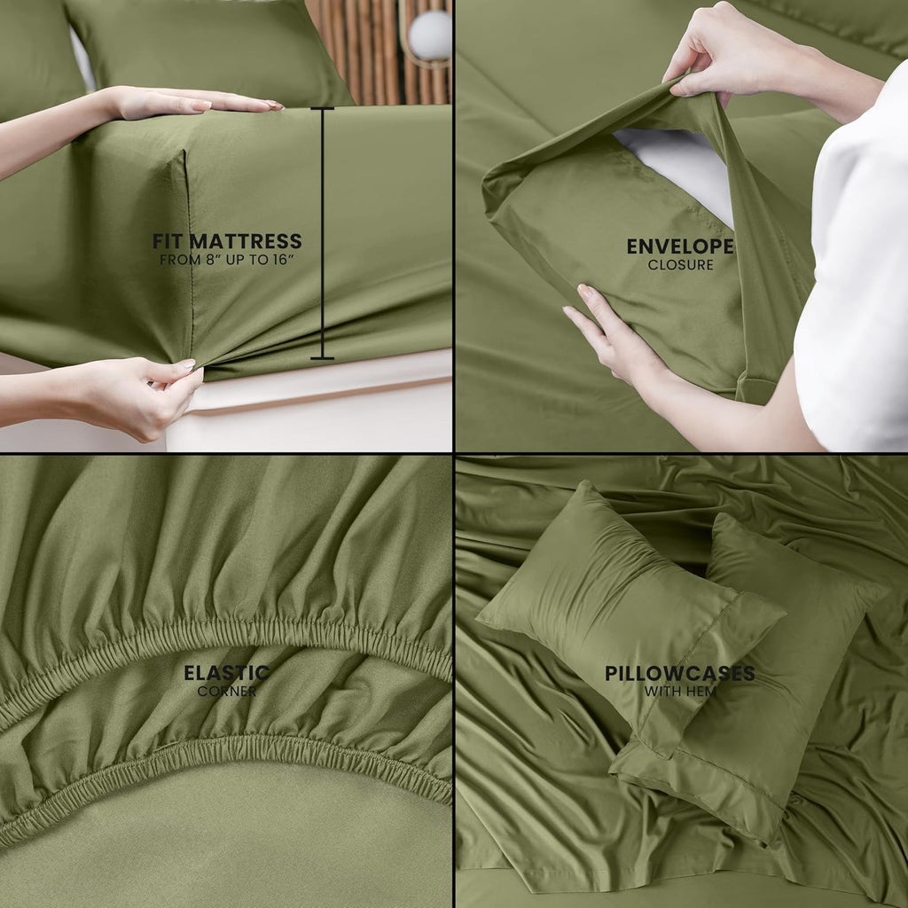 Utopia Bedding Queen Size Sheet Set - Soft, Breathable Microfiber - 4-Piece Olive Set with Fitted & Flat Sheets, 2 Pillowcases
