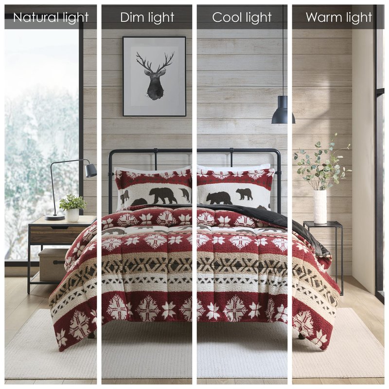 Woolrich Tunbridge Sherpa Comforter Set with Soft Faux Mink Reverse - Southwestern Rustic Cabin Print, Cozy Warm Bedding for Cold Season, Matching Shams, King/Cal King, Red/Black 3 Piece