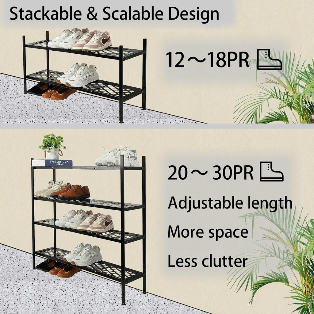 Skiennix Expandable Shoe Rack - 2-Tier Metal Organizer for 12-18 Pairs | Black 45.6 Inches