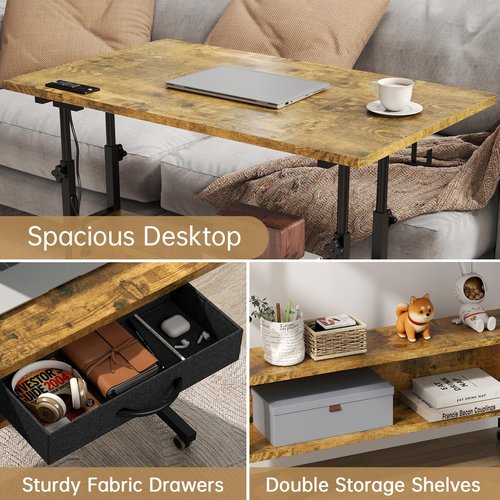 SIDUCAL Portable Standing Desk with Charging Station, Manual Stand Up Desk with Storage Shelves & Drawers, Mobile Laptop Desk with Wheels for Home Office & Treadmill Walking Pad, 39"x24" Rustic Brown