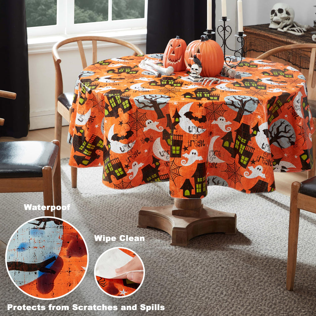 Newbridge Halloween Scream 70 Inch Round Vinyl Tablecloth with Flannel Backing, Haunted House Ghost and Bat Design, Easy Care Wipe Clean Halloween Table Cover