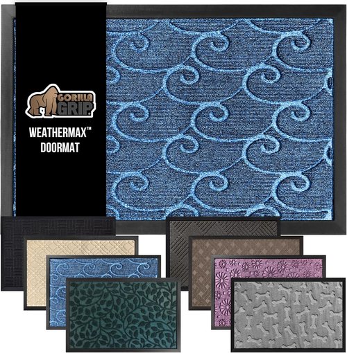 GORILLA GRIP Waterproof All-Season WeatherMAX Doormat - 72x24, Natural Rubber, Ocean Blue Waves, Easy Clean