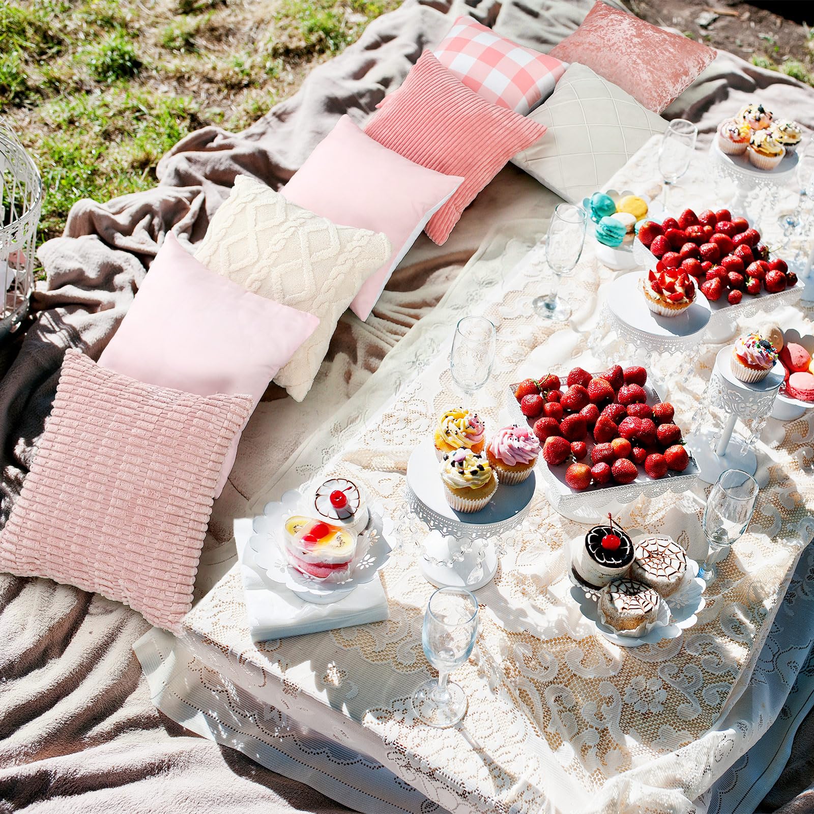 Weysat 8 Pcs Pink White Faux Fur Plush Decorative Throw Pillow Covers 18 x 18 Inch Pastel Aesthetic Pillows Case with Hidden Zipper for Coquette Spa Party Outdoor Picnic Living Room Couch Classroom