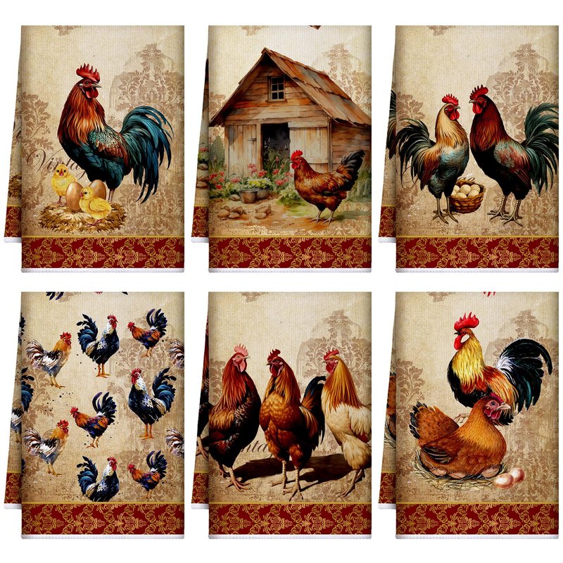 Bencailor 6 Pcs Farmhouse Kitchen Towels Chicken Rooster Kitchen Decor Farm Animal Hand Towels for Cooking Baking Housewarming Gift,15.75 x 23.62 inch(Golden Brown,Rooster)