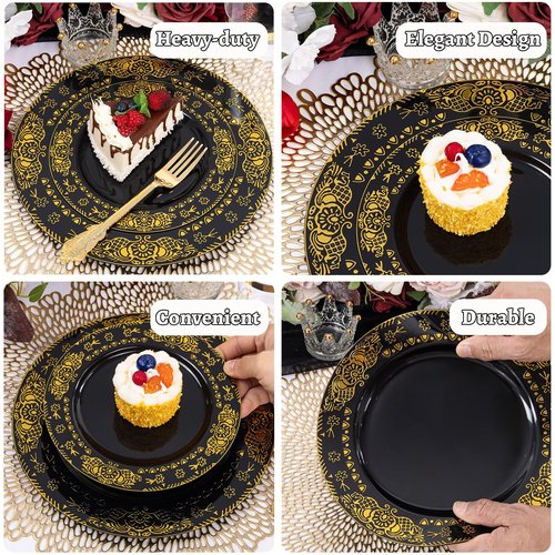 GATHER 350PCS Black and Gold Plastic Plates - Gold Disposable Dinnerware Set Include 50 Dinner Plates, 50 Dessert Plates, 150 Gold Plastic Silverware, 50 Napkins, 50 Cups for Wedding & Party