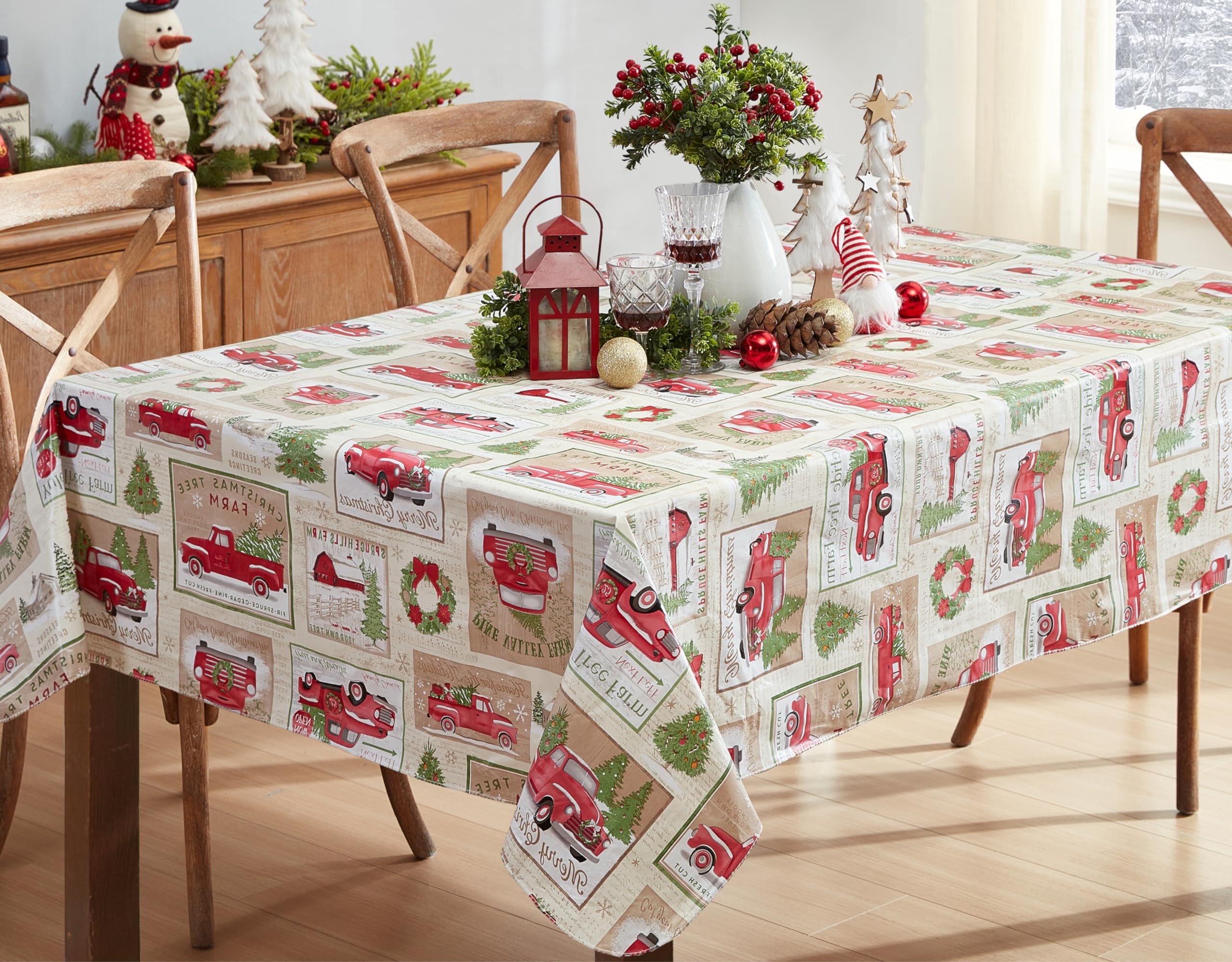 Newbridge Yuletide Christmas Tree Farm Red Barn Truck Vinyl Flannel Back Tablecloth, 60 x 102 Inch Rectangle, Nostalgic Holiday Wipe Clean Easy Care Table Cover