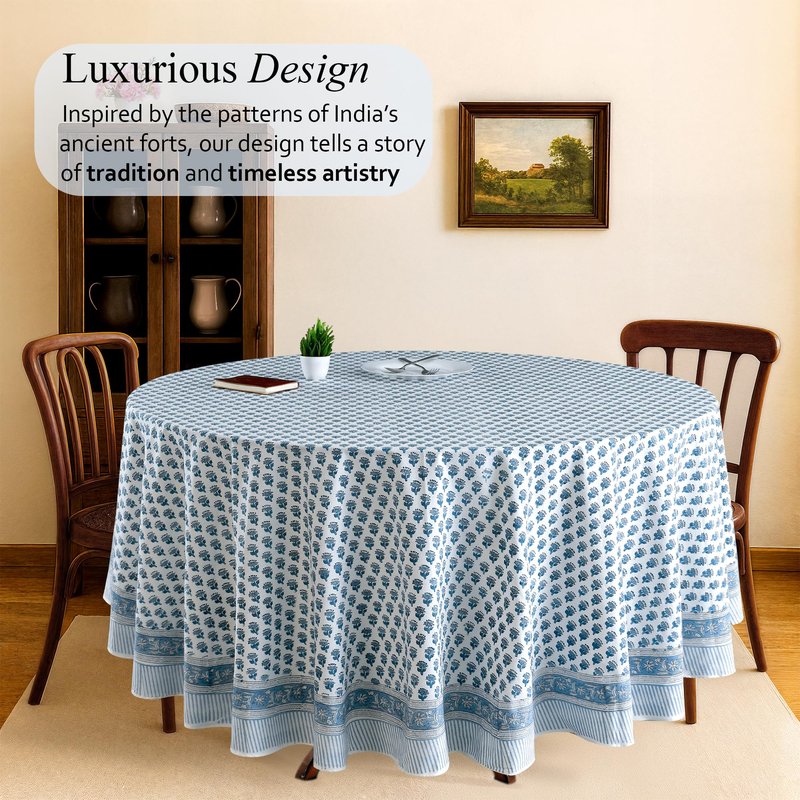 CPC Apatite Blue Block Print Cotton Handmade Round Tablecloth 60 Inch Decorative Table Cover for Home Decor, Dinning, Festive, Wedding, Farmhouse Gift for Spring, Mother's Day