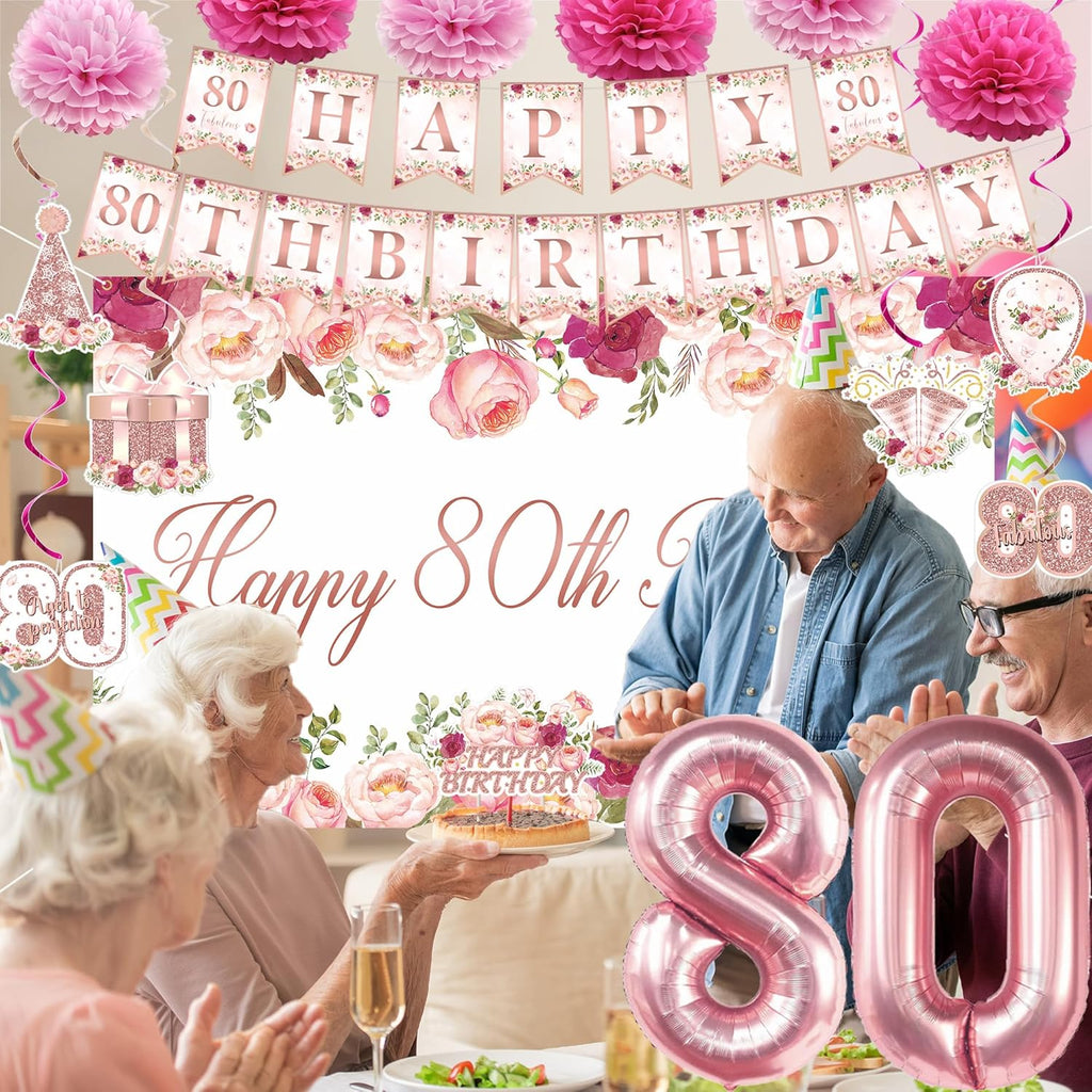 Vlipoeasn 80th Birthday Decorations - Rose Gold Backdrop Banner, Cake Topper & Swirl Hanging Decor