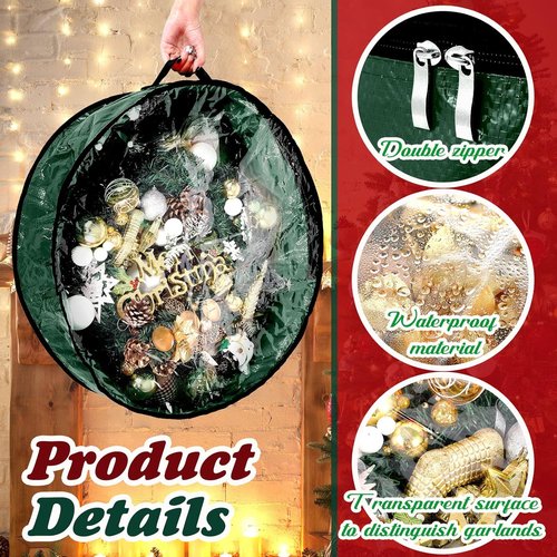 Dunzy Christmas Wreath Storage Bag - 8-Piece Tear-Resistant Fabric with Clear Window | 24x24x7.8 Inch, Green