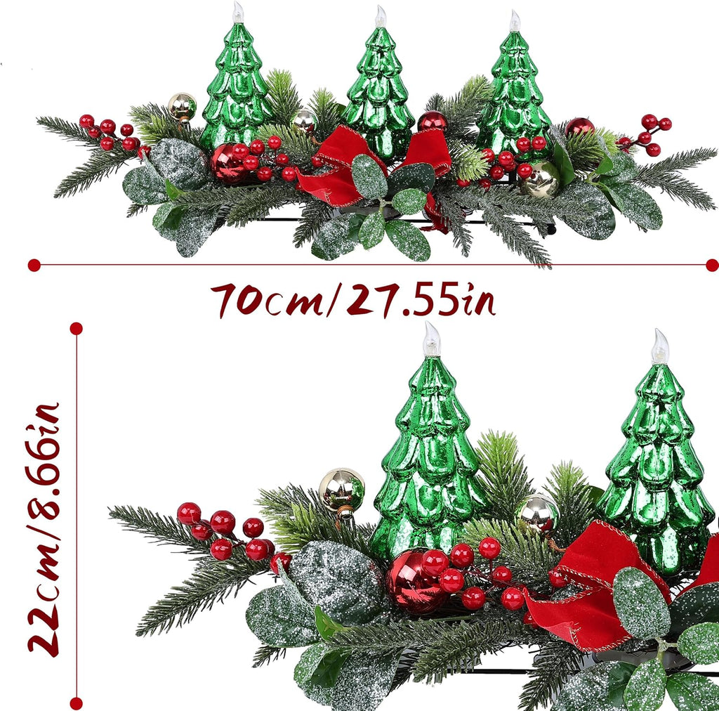 Skiennix Christmas Table Centerpiece - LED Lights, Green Tree Decoration with Red Berries & Balls