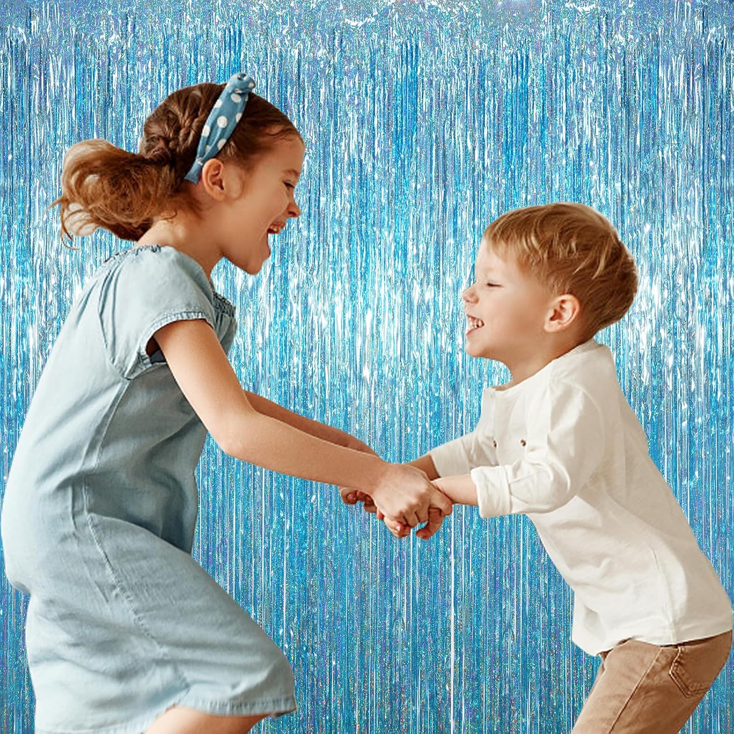Voircoloria Foil Fringe Backdrop Curtains - Tinsel Streamers for Birthday, Baby Shower & Graduation | 3.3 x 6.6 ft, Light Blue