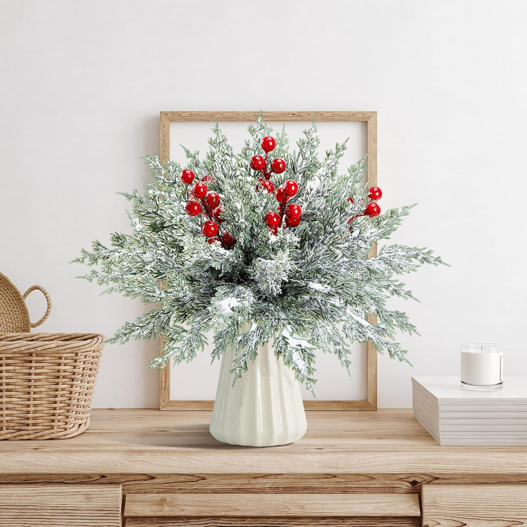 Skiennix 45 Pcs Artificial Christmas Snow Pine Branches - Snowy Faux Greenery with Red Berries for Festive Home Decor