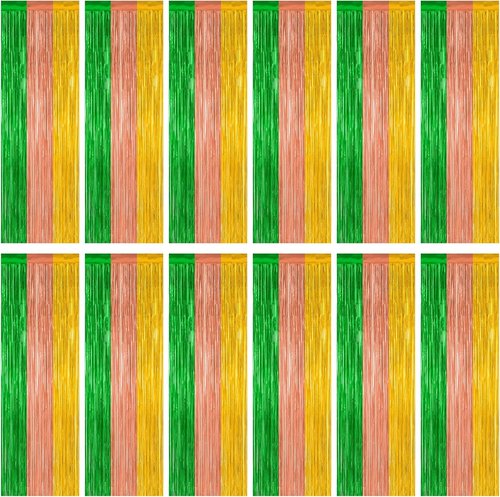 Hawaiian Party Decorations by [Brand Name] - 12 Pack Luau Backdrop Fringe Curtains | 3.28 FT x 7.05 FT, Green, Brown, Yellow