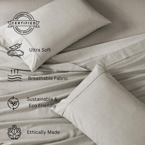 LANE LINEN 100% Organic Cotton Full Sheets Set - Grey with White Dots | Breathable 4-Piece Bedding for Mattresses Up to 15" Deep