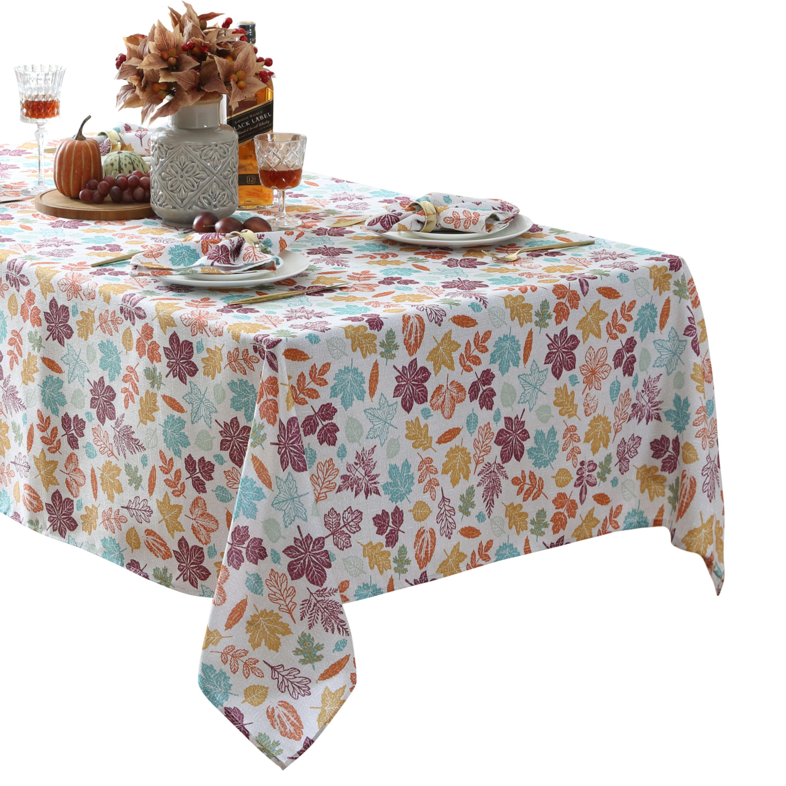 Home Bargains Plus Cranston Blue Leaves Fabric Tablecloth, 60 x 102 Inch Rectangle, Multicolor Botanical Leaf Print, Easy Care Fabric Dining Table Cover