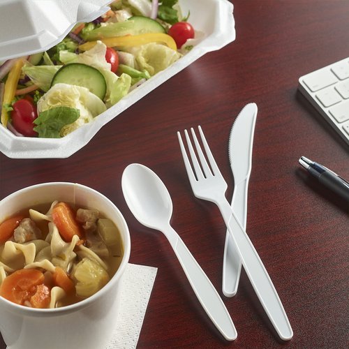 Hefty Wrapped Disposable Plastic Utensils Set, 150 Count, White Disposable Utensils for Picnics, BBQs, Camping, Parties, and More, Includes Forks, Spoons, and Knives