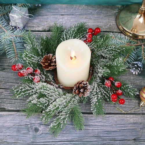 Christmas Candle Rings - Set of 8 Artificial Red Berries & Pinecones | 10-Inch Holiday Centerpieces