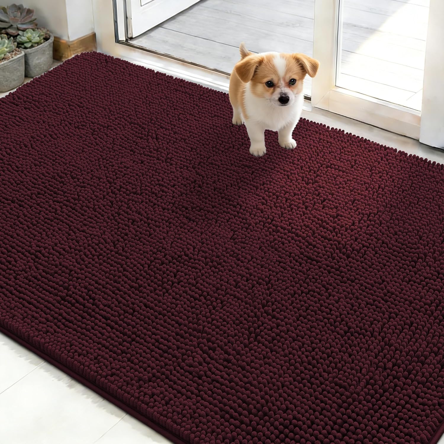OLANLY Dog Door Mat - Absorbent Non-Slip Washable Chenille Mat for Muddy Paws | 50x30, Russet Color