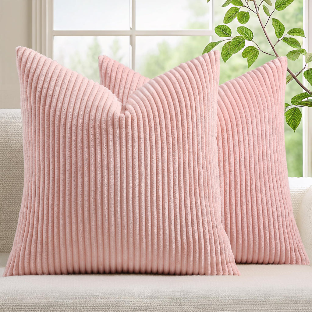 Mecatny Corduroy Spring Decorative Throw Pillow Covers 18x18 Set of 2 for Sofa Living Room, Soft Neutral Boho Couch Pillow Covers for Home Decor, Pink