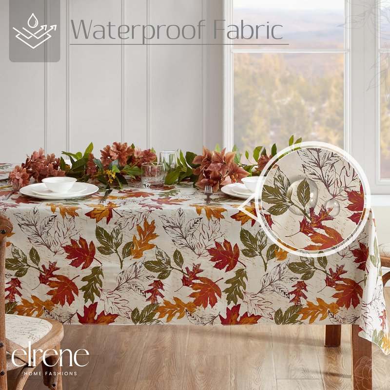 Elrene Home Fashions Harvest Vintage Leaves Water- and Stain-Resistant Vinyl Tablecloth with Flannel Backing, 52"x52" Square