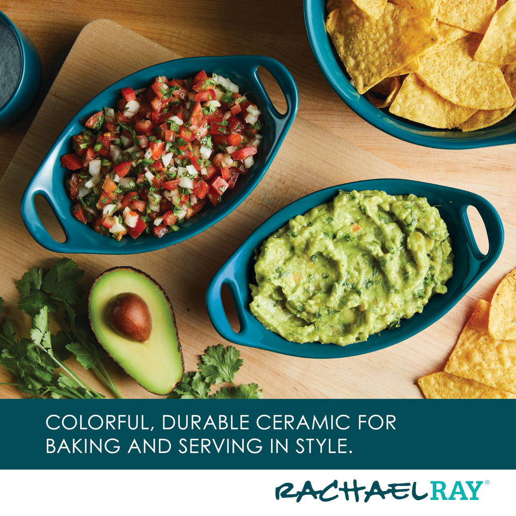 Rachael Ray Solid Glaze Ceramics Au Gratin Bakeware / Baker Set, Oval - 2 Piece, Teal