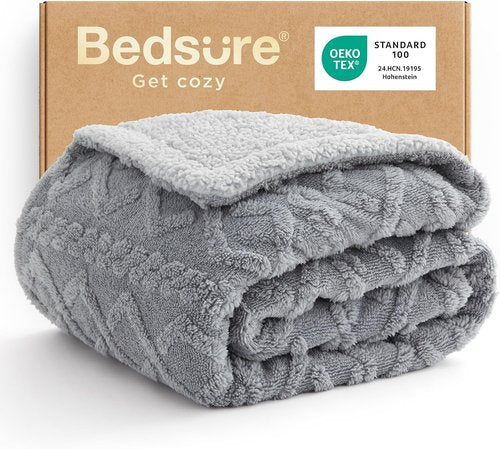Bedsure GentleSoft Sherpa Fleece Throw Blanket - Fluffy & Cozy Cable Jacquard Design, Grey, 50x60 Inches