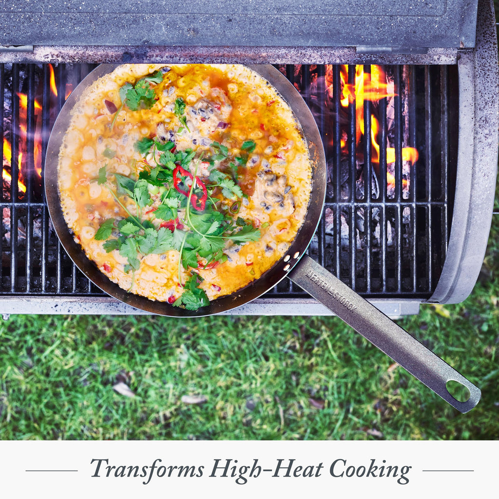 Merten & Storck Pre-Seasoned Carbon Steel 12” Frying Pan Skillet, Use on Induction, Stove and Grill, Durable, Even-Heating, for Searing, Grilling, Oven Use, and Campfire, Indoor/Outdoor