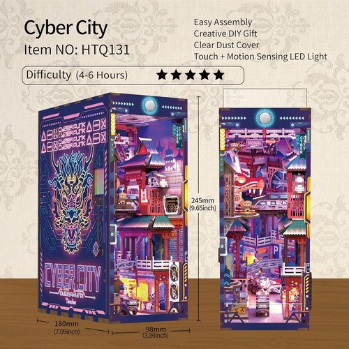 Hands Craft DIY Book Nook Kit - Cyber City Miniature Puzzle with LED Lights | Neon Cyberpunk Decor