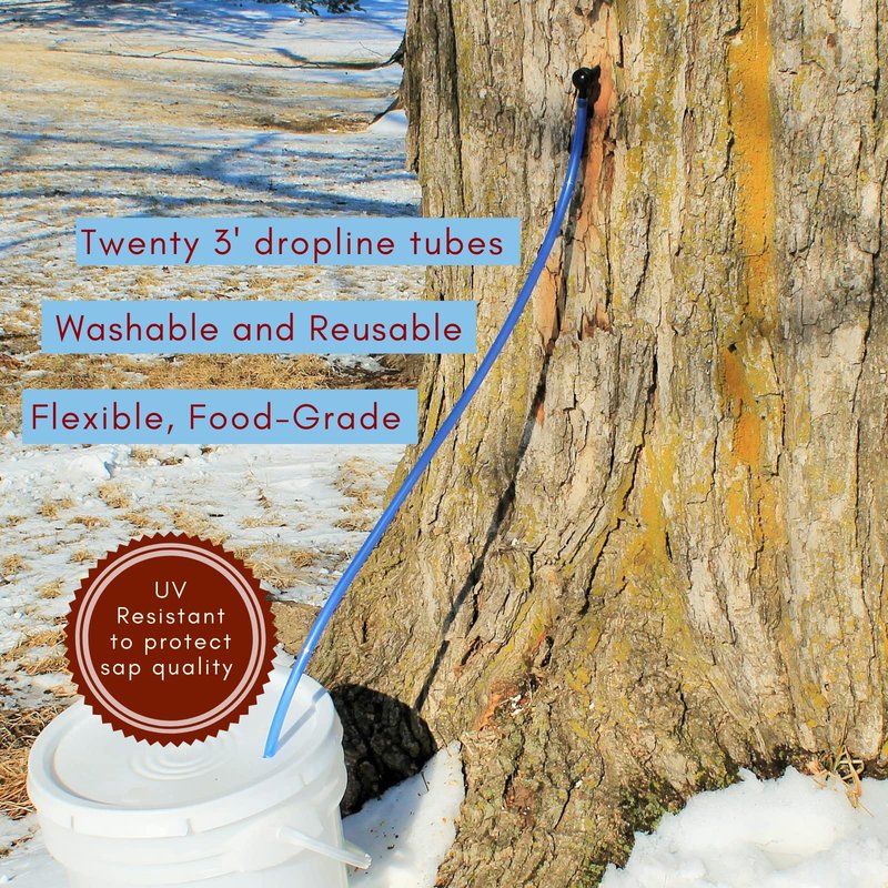 Deluxe Maple Syrup Tree Tapping Kit –(20) Taps +(20) 3-Foot Tubes +(2) 1-Quart Sap Filters –Dark Blue Premium Food Grade Tubing - Recipe Cards, Drill Bit, 80 Page Guide to Maple Tapping Book