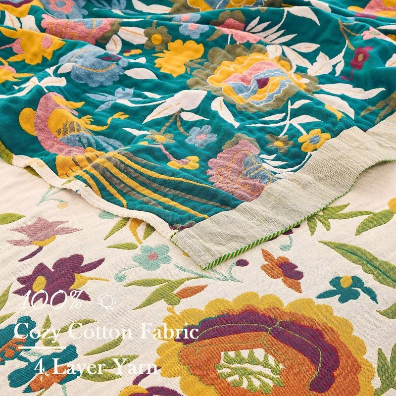 XIBLC Boho Throw Blanket for Bed, 100% Cotton Soft Rustic Quilt Fall Blanket, 80" 90" Floral Printed Farmhouse Decor Bed Blankets, All Season Rustic Reversible Bohemian Throw Quilt