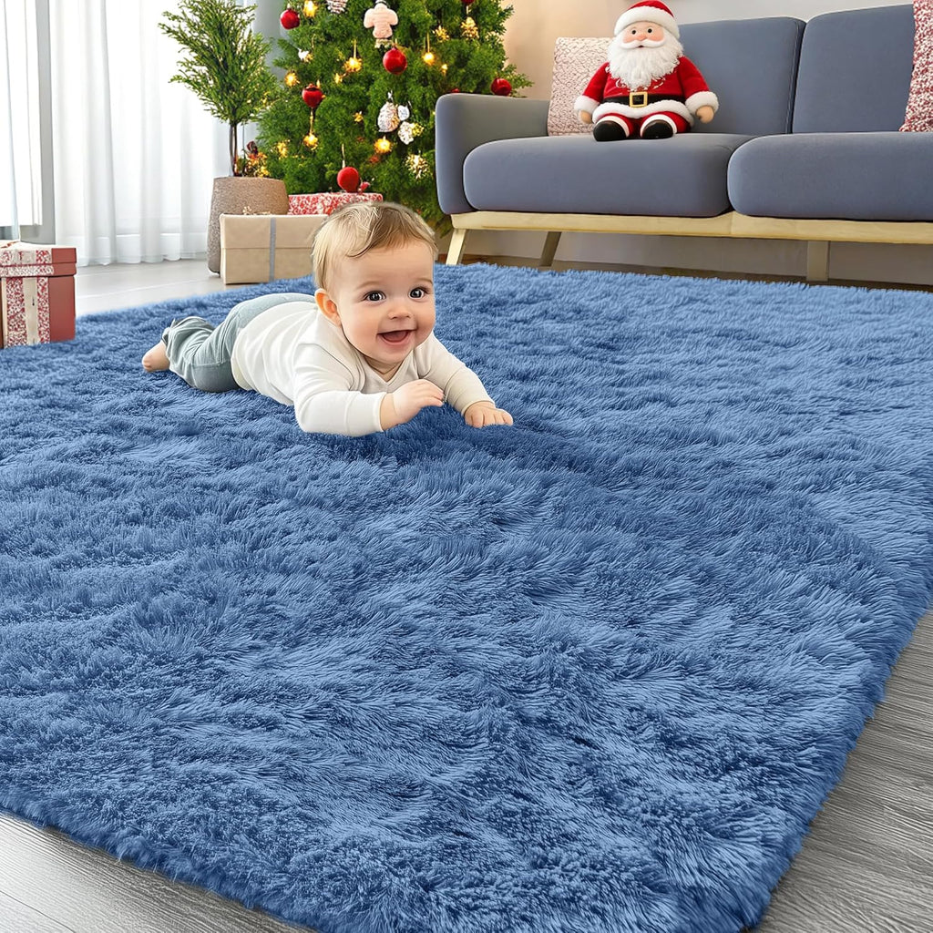 OLANLY Area Rugs - Soft Fluffy Shaggy Indoor Carpet for Living Room & Bedroom | Machine Washable 4x5.9 ft, Blue