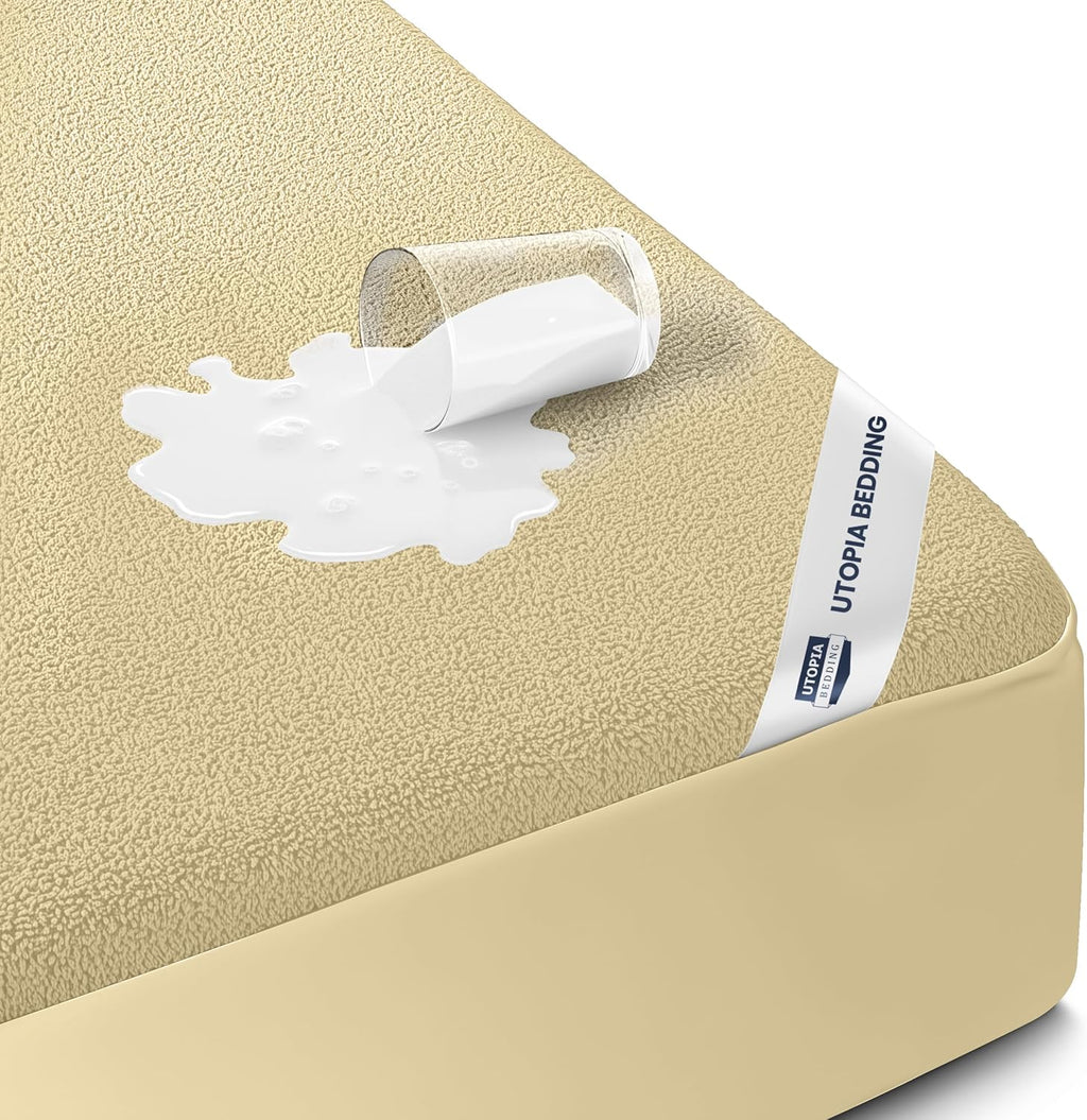 Utopia Bedding Twin Size Waterproof Mattress Protector - Soft Terry Cover with Deep Pockets (Beige)