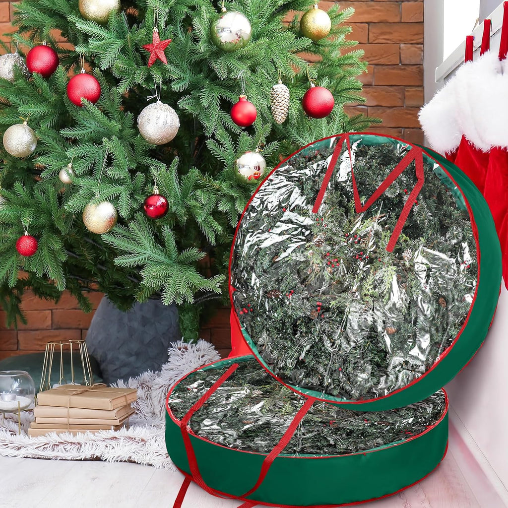 Abbylike Christmas Wreath Storage Bag - Extra Large 48'' Clear Container with Zipper & Handles | Green 600D Oxford