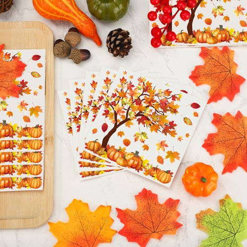100 Pcs Fall Cocktail Napkins Fall Tree Paper Napkin 3 Ply Pumpkin Maple Leaves Party Dinner Napkins Disposable Autumn Beverage Napkin for Thanksgiving Autumn Harvest Party Supplies Table Decor