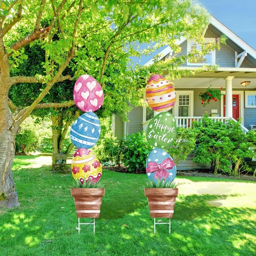 CroBlissful Large Metal Easter Eggs - Rustic Oil Painting Yard Signs | 29-Inch Garden Decor for Spring