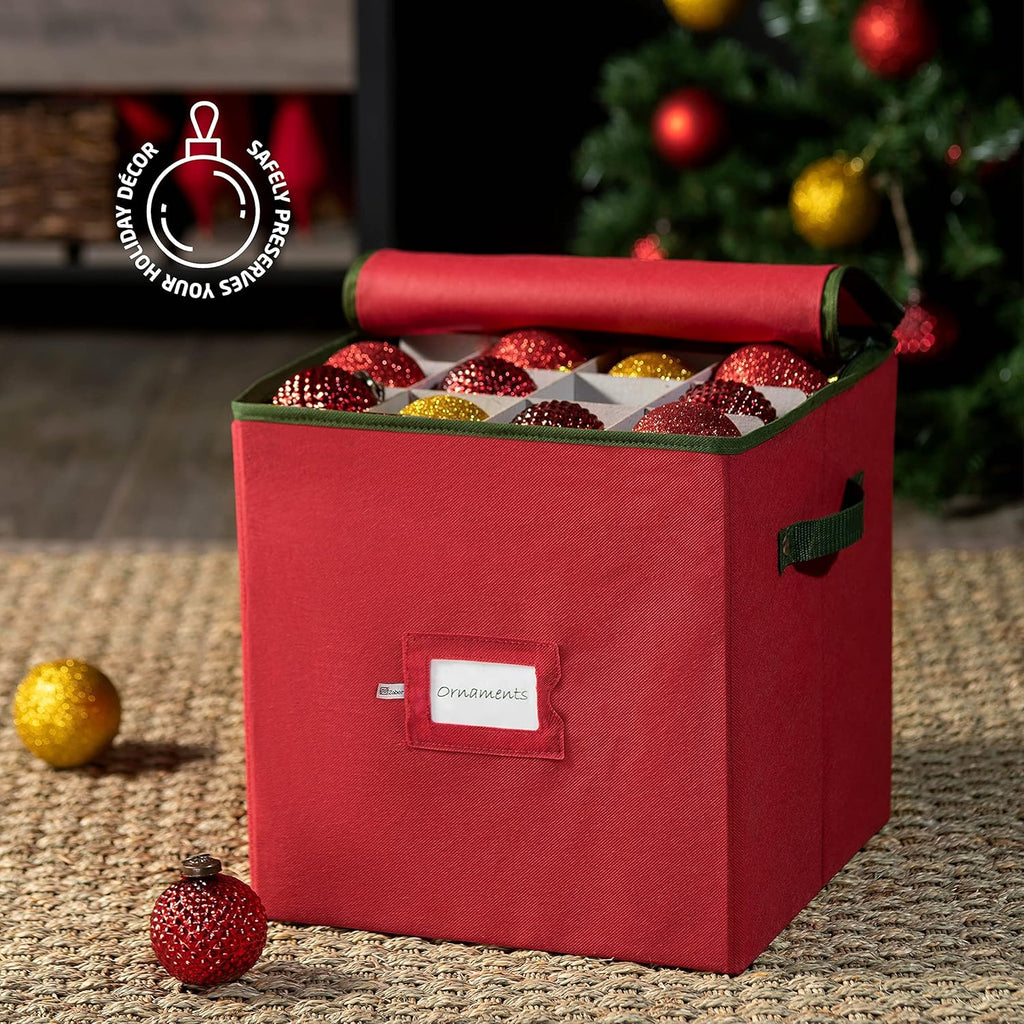 ZOBER Christmas Ornament Storage Box - Holds 64 3-Inch Ornaments with Dividers - Durable Red Organizer