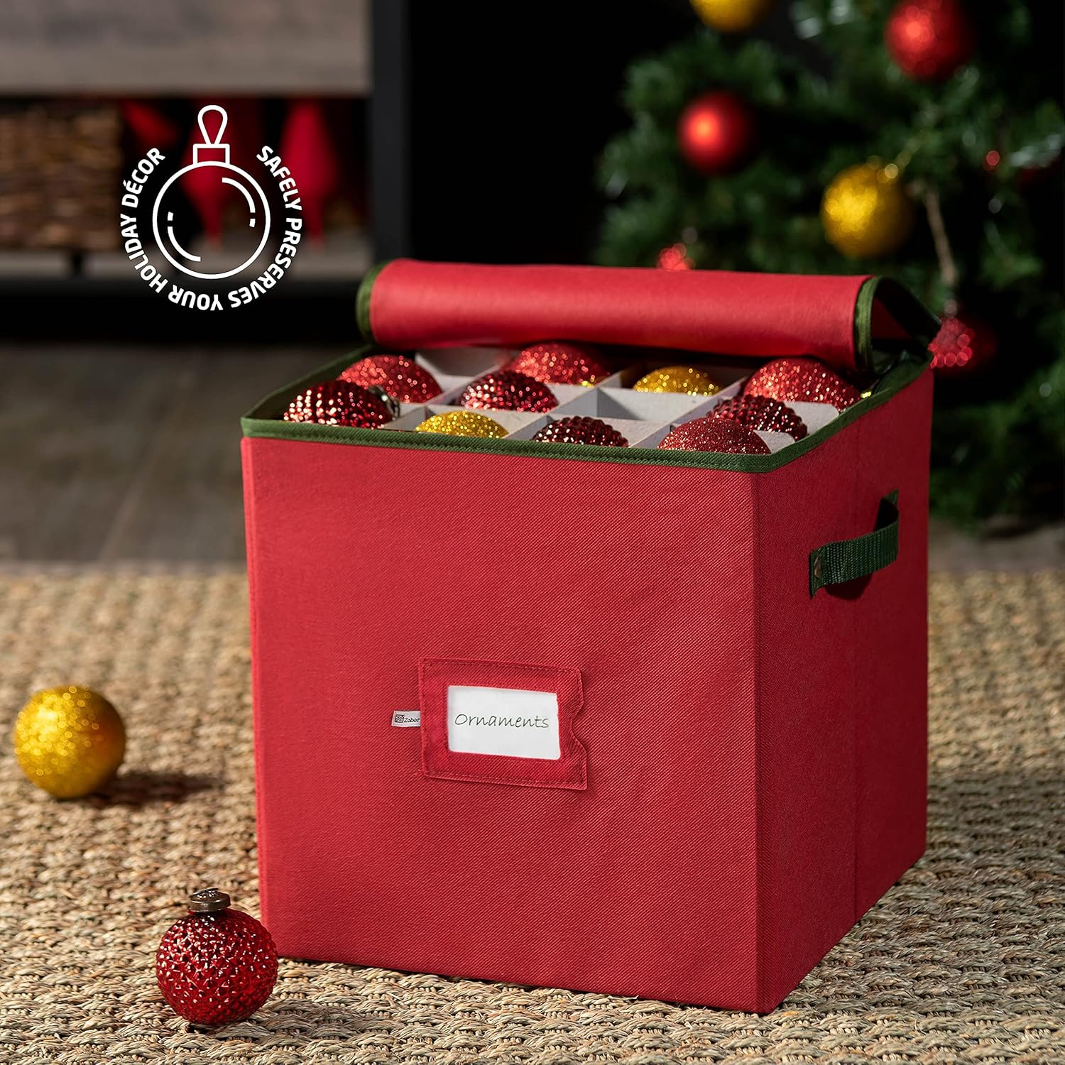 ZOBER Christmas Ornament Storage Box - Holds 64 3-Inch Ornaments with Dividers - Durable Red Organizer