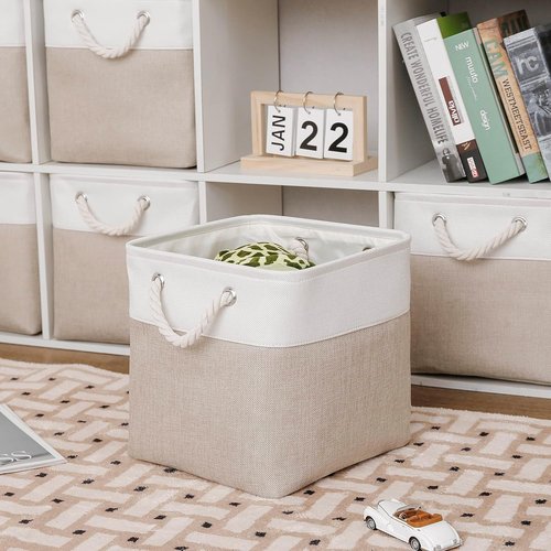 MidmmVick Cube Storage Bins - 6 Pack Large Collapsible Fabric Organizers | Foldable 11"x11" for Home & Office (White & Beige)